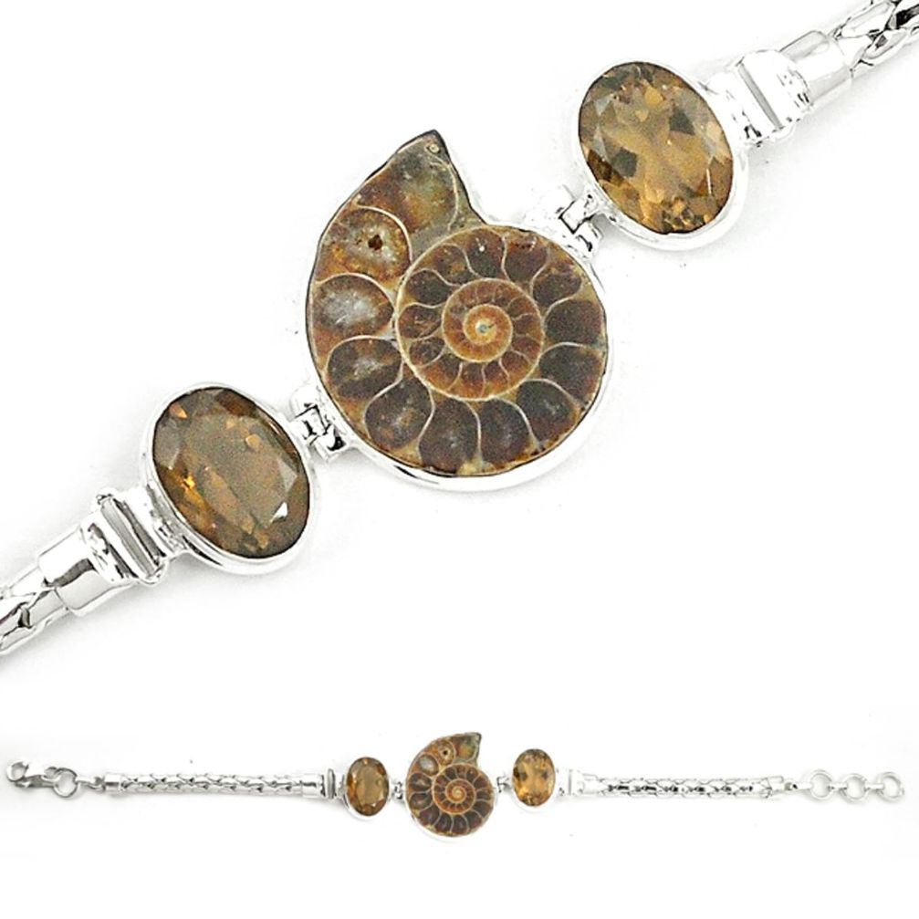 925 silver natural brown ammonite fossil smoky topaz bracelet jewelry m23189