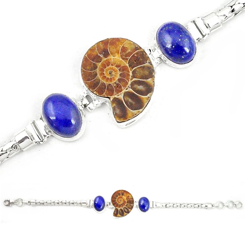 Natural brown ammonite fossil blue lapis lazuli 925 silver bracelet m23191