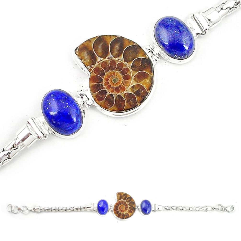 925 silver natural brown ammonite fossil lapis lazuli bracelet jewelry m23199
