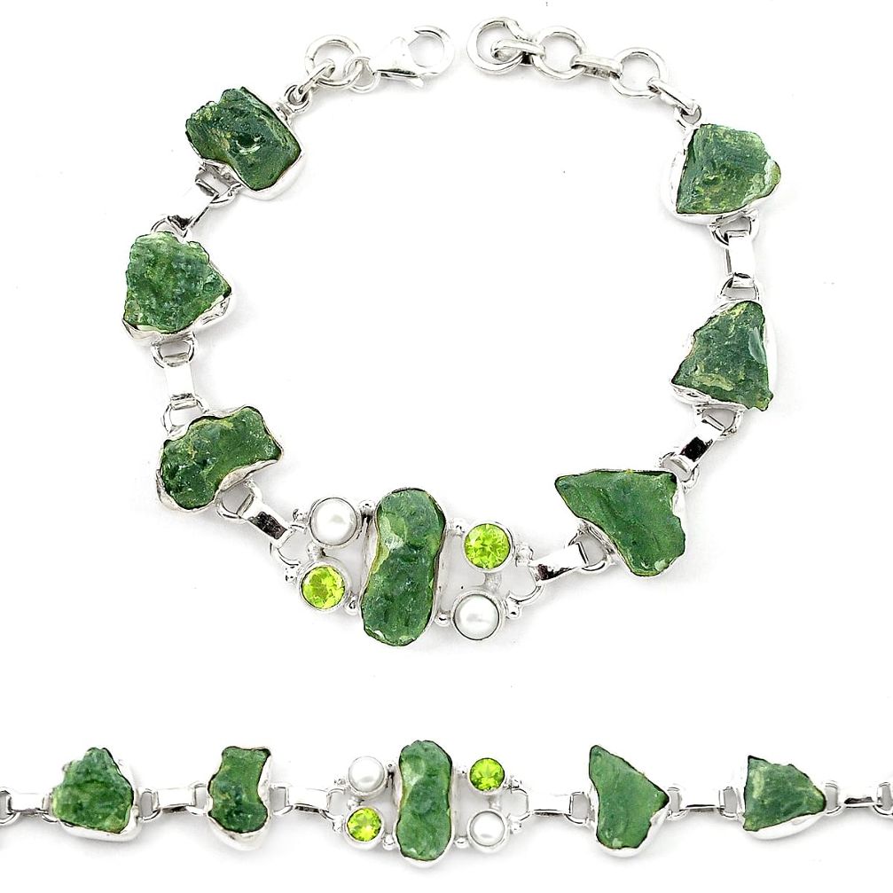 Natural green moldavite (genuine czech) 925 silver bracelet jewelry m24989