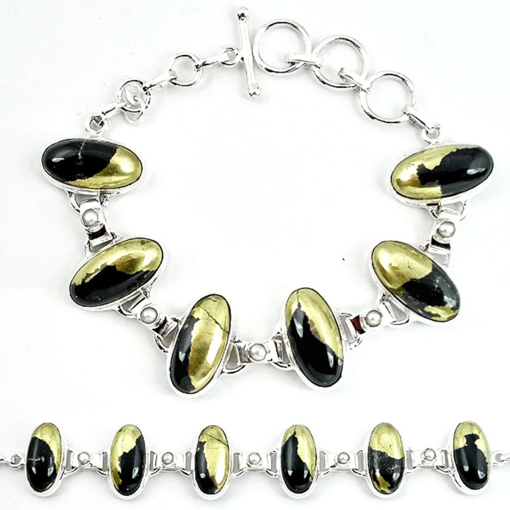 Natural golden pyrite in magnetite (healer's gold) 925 silver bracelet m4453