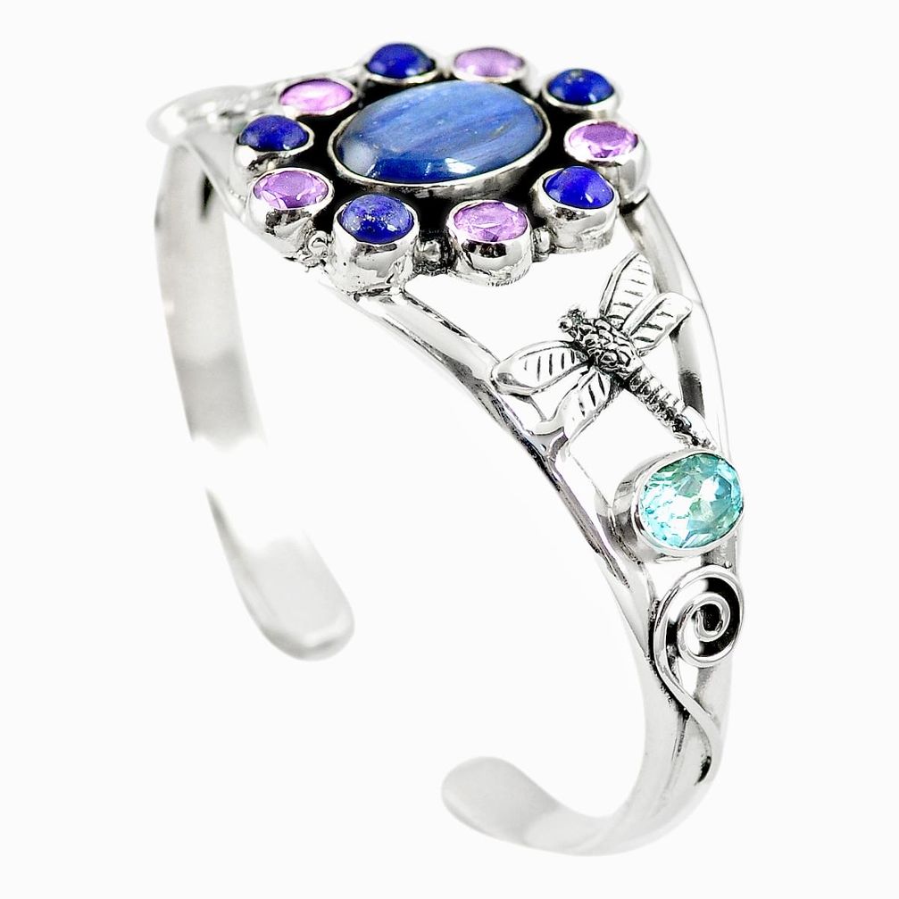 Natural blue kyanite amethyst 925 silver adjustable bangle jewelry m44763