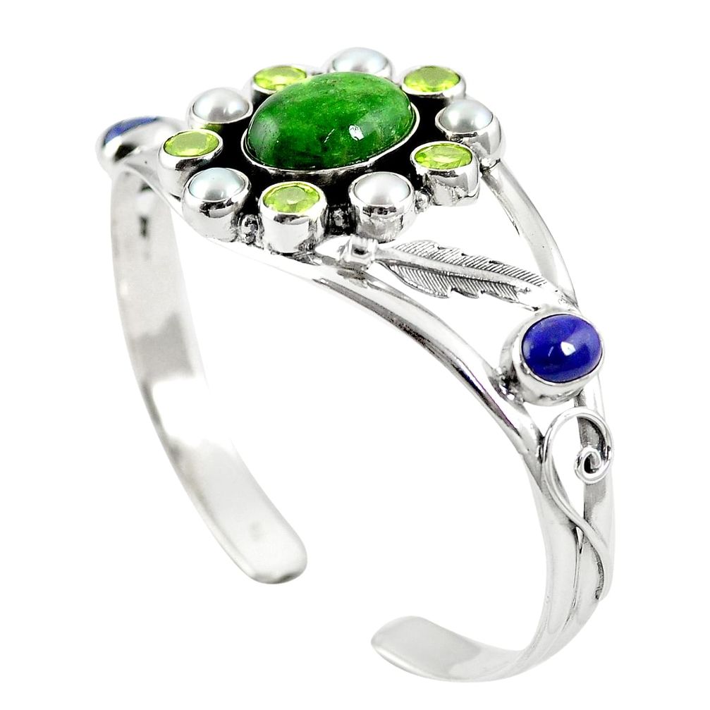 Natural green chrome diopside 925 silver adjustable bangle m44774