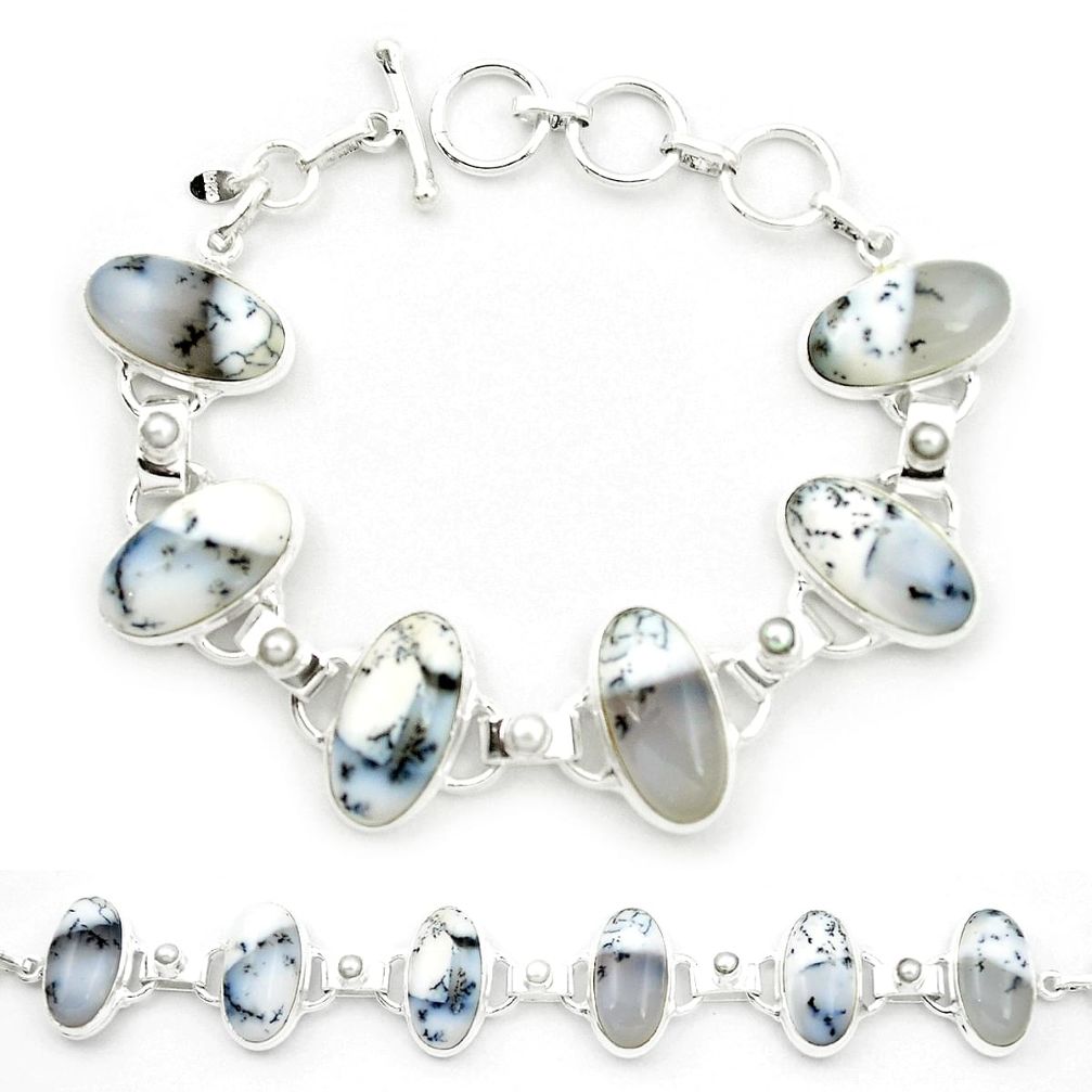 Natural white dendrite opal (merlinite) 925 silver tennis bracelet m47550