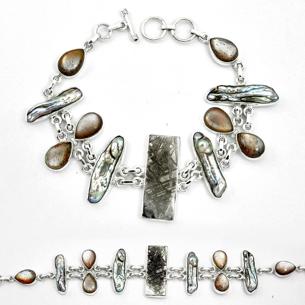 Natural grey meteorite gibeon moonstone 925 silver bracelet m49180