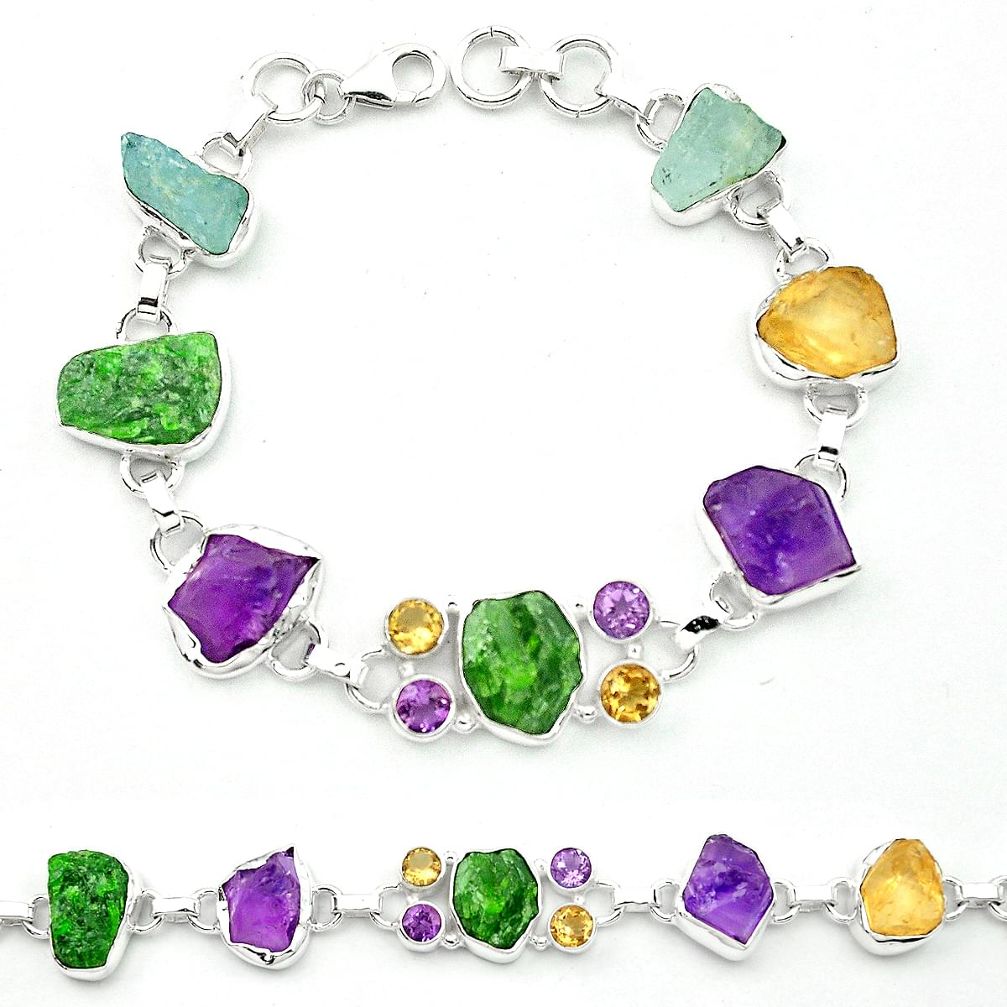 Green chrome diopside rough aquamarine rough 925 silver tennis bracelet m53609