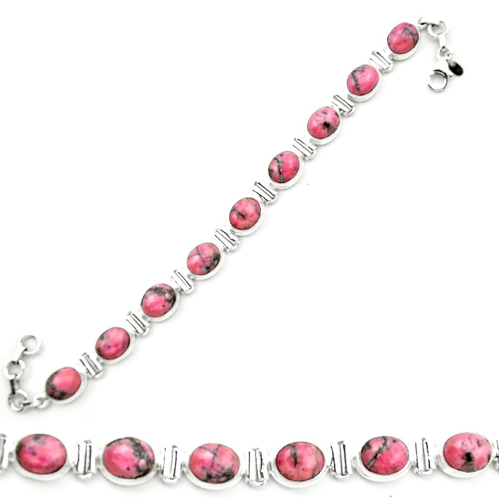 Natural pink rhodonite in black manganese 925 silver tennis bracelet m58608