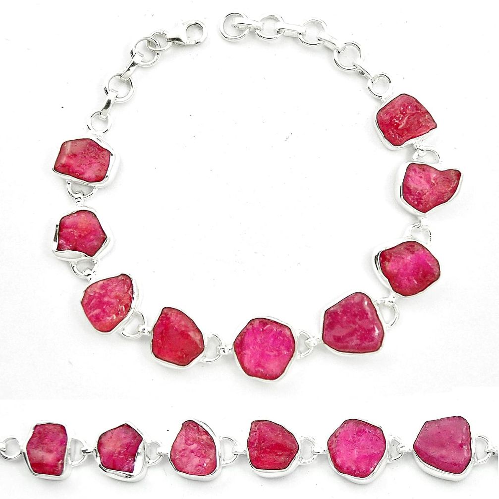 46.22cts natural pink ruby rough 925 sterling silver bracelet jewelry m59284