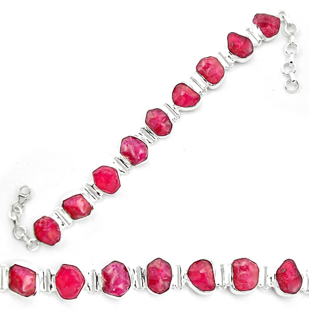 66.22cts natural pink ruby rough 925 sterling silver bracelet jewelry m59289