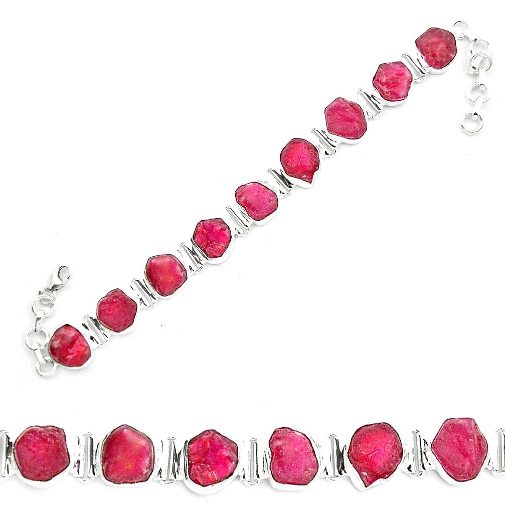 62.04cts natural pink ruby rough 925 sterling silver bracelet jewelry m59290