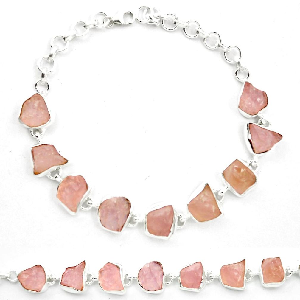 45.84cts natural pink rose quartz rough 925 sterling silver bracelet m59291