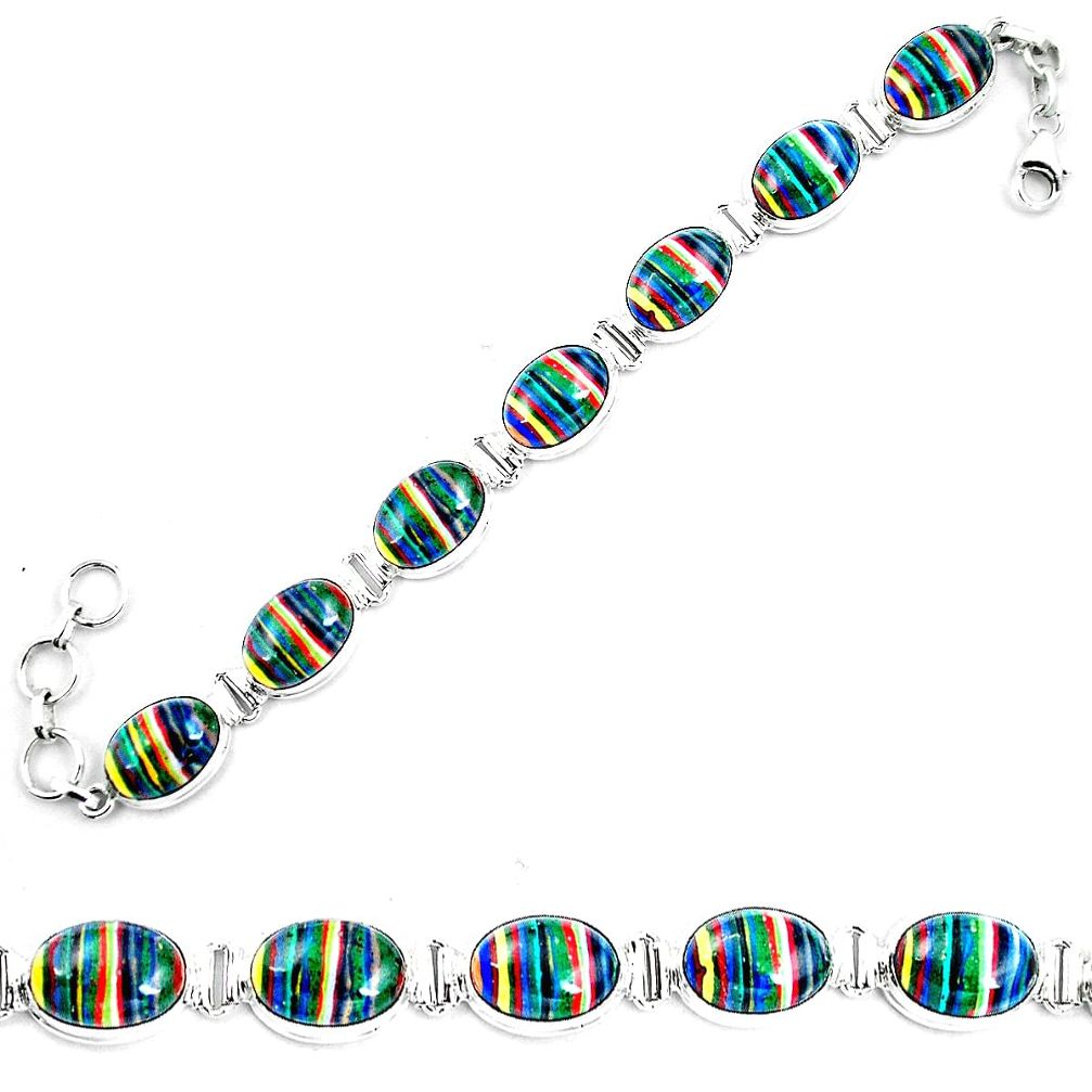 Natural multi color rainbow calsilica 925 silver tennis bracelet m82068