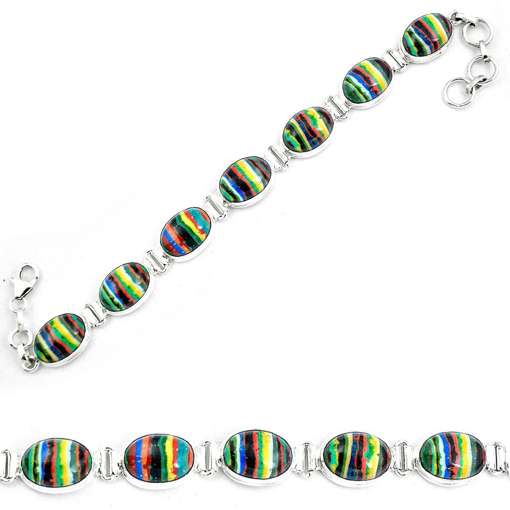 Natural multi color rainbow calsilica 925 silver tennis bracelet m82069