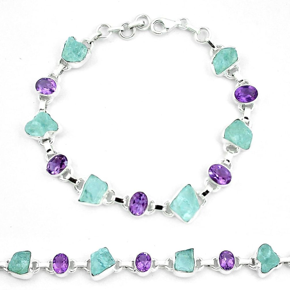 Natural aqua aquamarine rough amethyst 925 sterling silver bracelet m82167