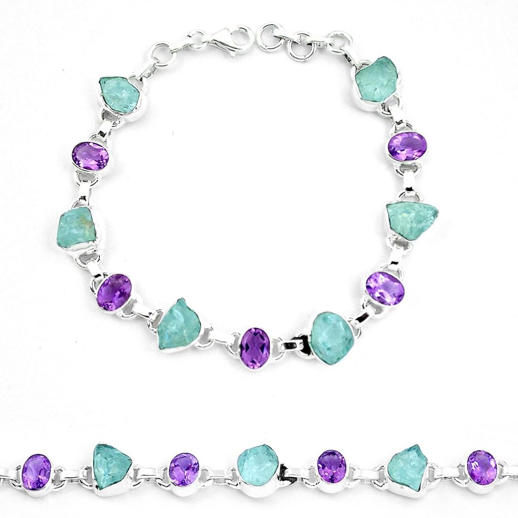 Natural aqua aquamarine rough amethyst 925 sterling silver bracelet m82169