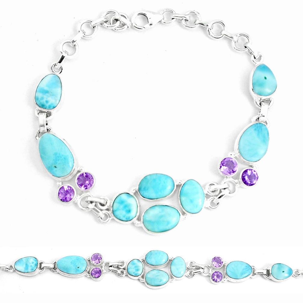 39.67cts natural blue larimar amethyst 925 sterling silver bracelet m96502