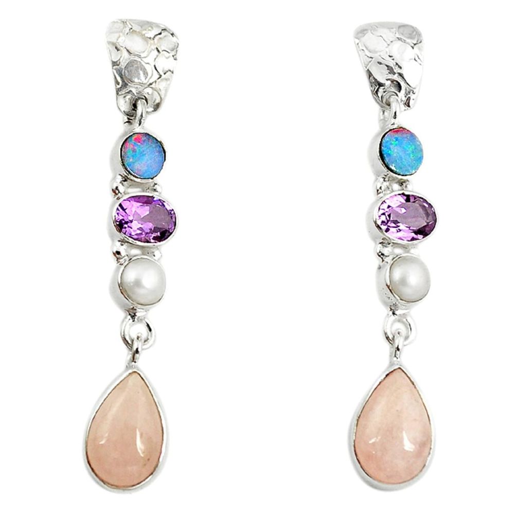 Natural pink morganite doublet opal australian 925 silver dangle earrings m1098