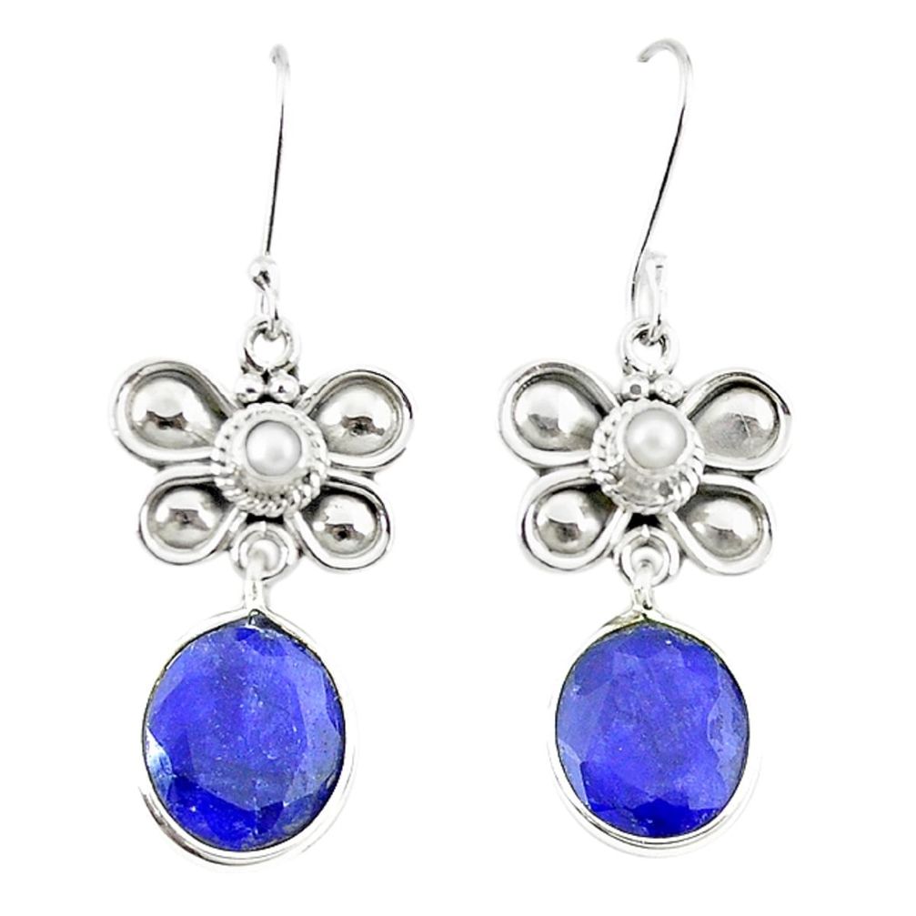 Natural blue sapphire pearl 925 sterling silver dangle earrings jewelry m12487