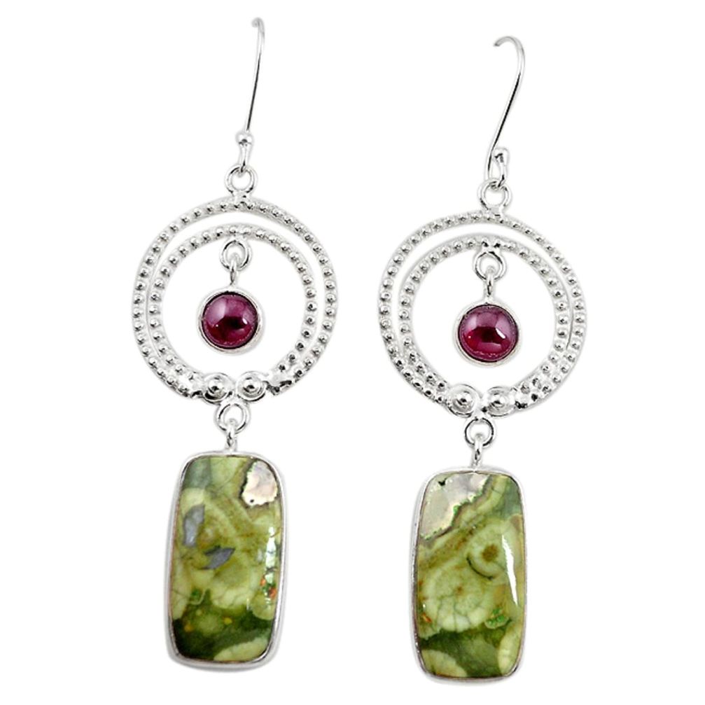 Natural green rainforest rhyolite jasper 925 silver dangle earrings m15092