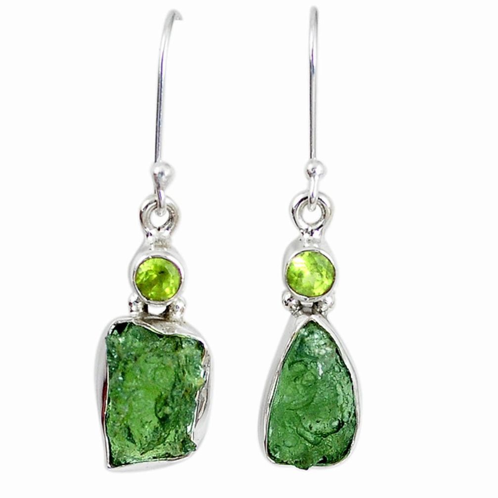 Natural green moldavite (genuine czech) 925 silver dangle earrings m17350
