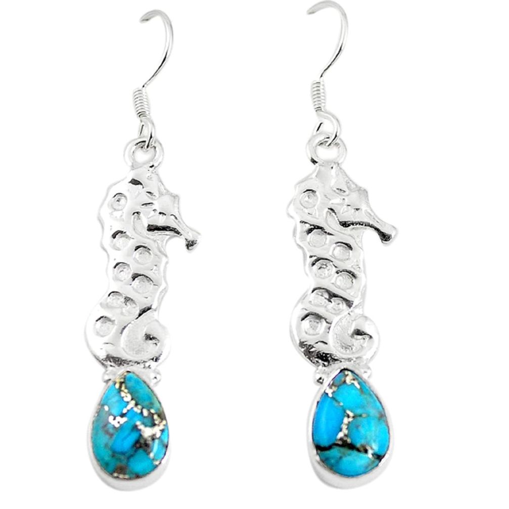 Blue copper turquoise 925 sterling silver dangle seahorse earrings m17936