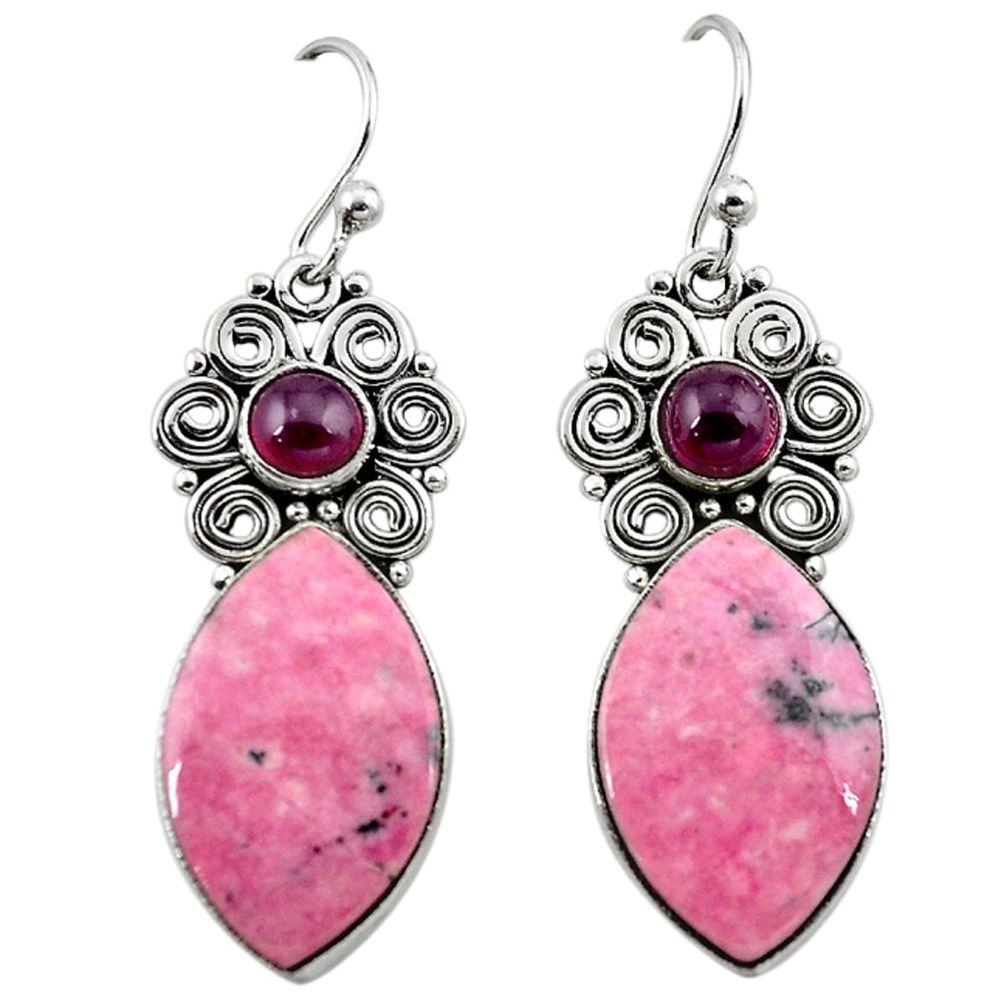 Clearance Sale-Natural pink rhodonite in black manganese 925 silver dangle earrings m1862