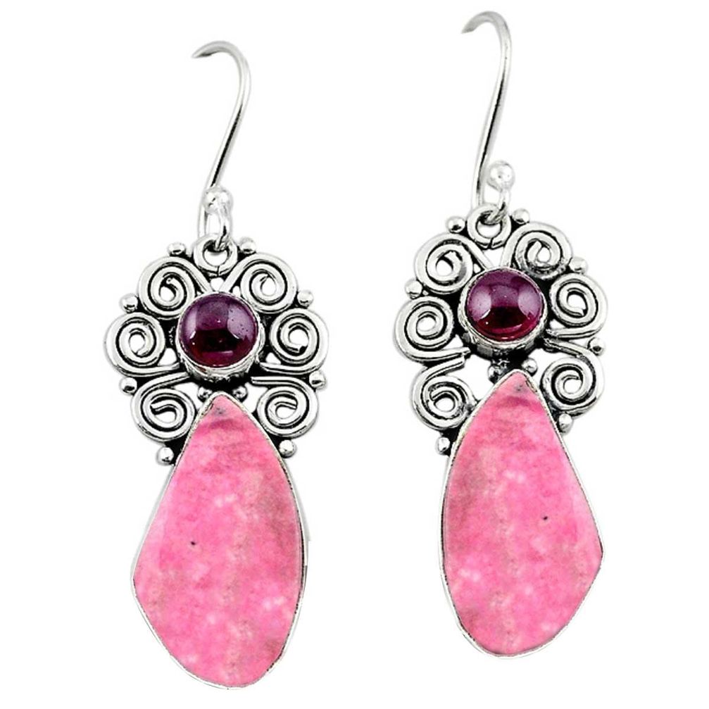 Natural pink rhodonite in black manganese 925 silver dangle earrings m1867