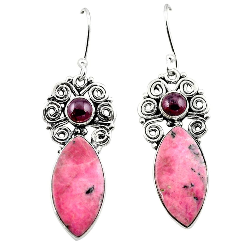 Natural pink rhodonite in black manganese 925 silver dangle earrings m1870