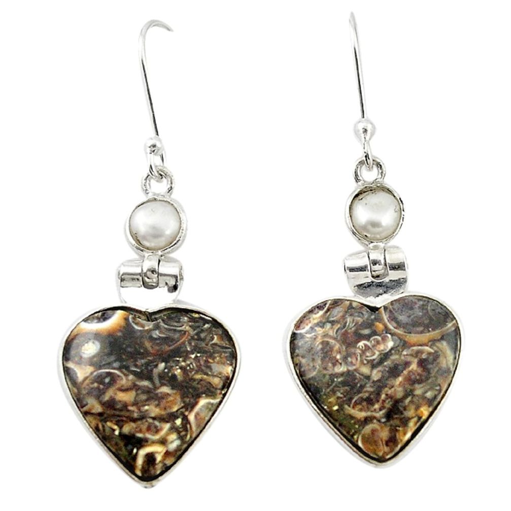 Natural brown turritella fossil snail agate 925 silver dangle earrings m20270