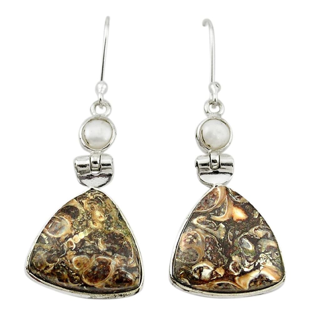 Natural brown turritella fossil snail agate 925 silver dangle earrings m20276