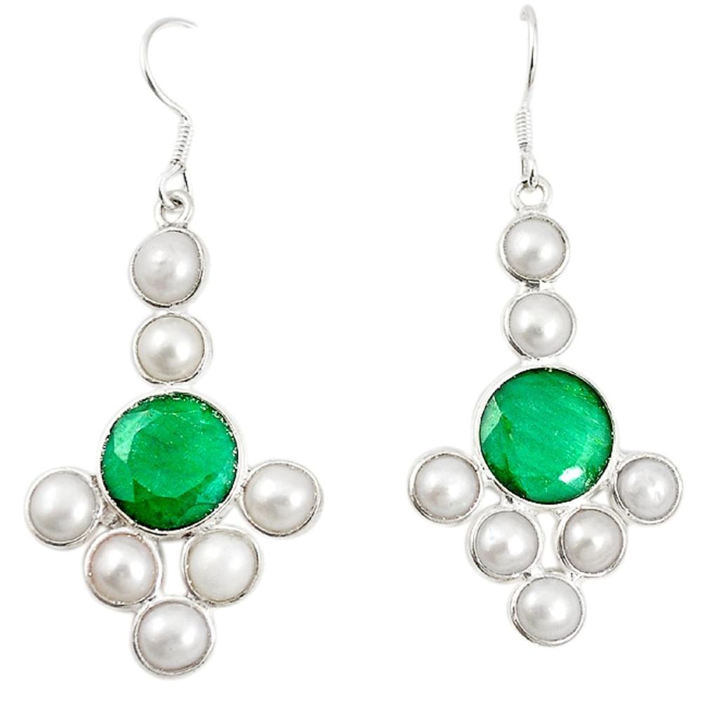 Natural green emerald pearl 925 sterling silver dangle earrings m20619