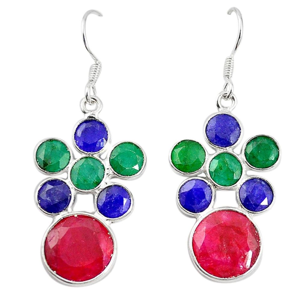 Natural red ruby emerald sapphire 925 sterling silver dangle earrings m20717