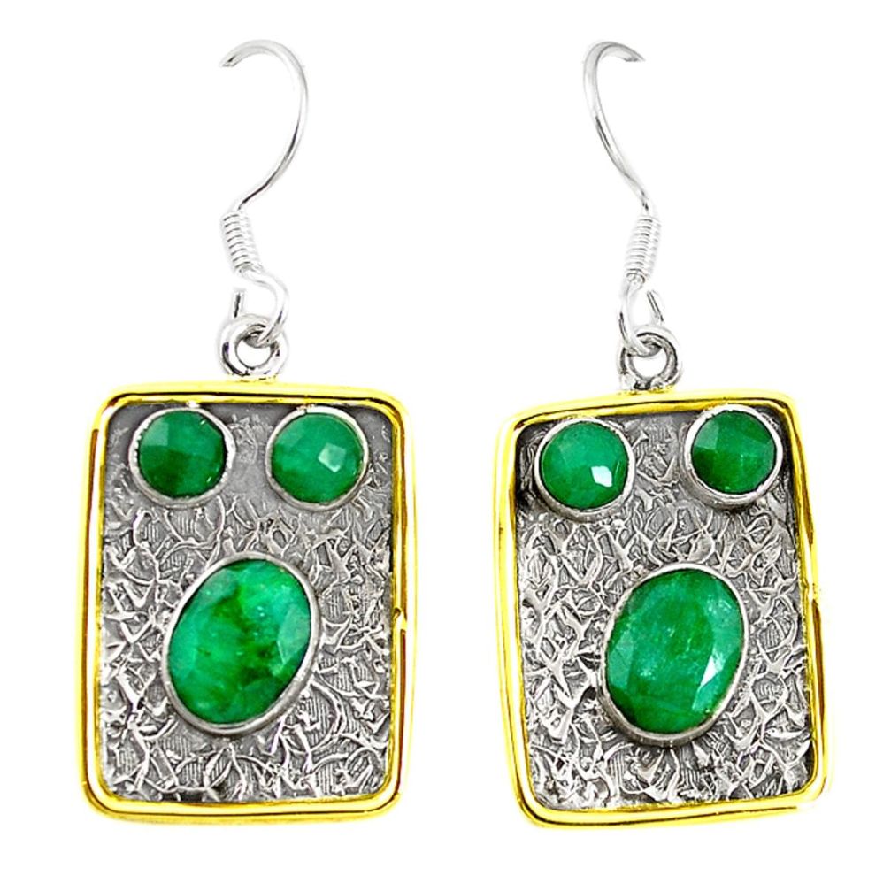 925 sterling silver natural green emerald two tone dangle earrings m21037