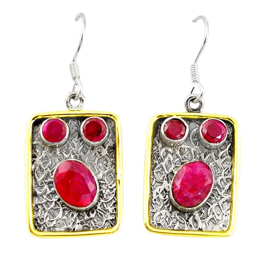 Natural red ruby 925 sterling silver two tone dangle earrings m21039