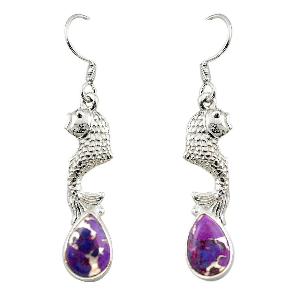 Purple copper turquoise 925 sterling silver fish earrings jewelry m23622