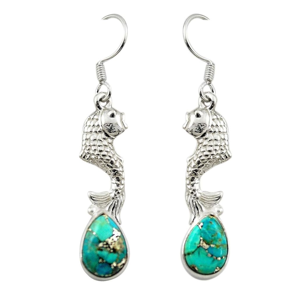 Blue copper turquoise 925 sterling silver fish earrings jewelry m23636