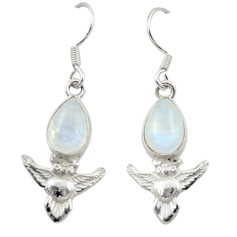 Natural rainbow moonstone 925 sterling silver owl earrings jewelry m23667