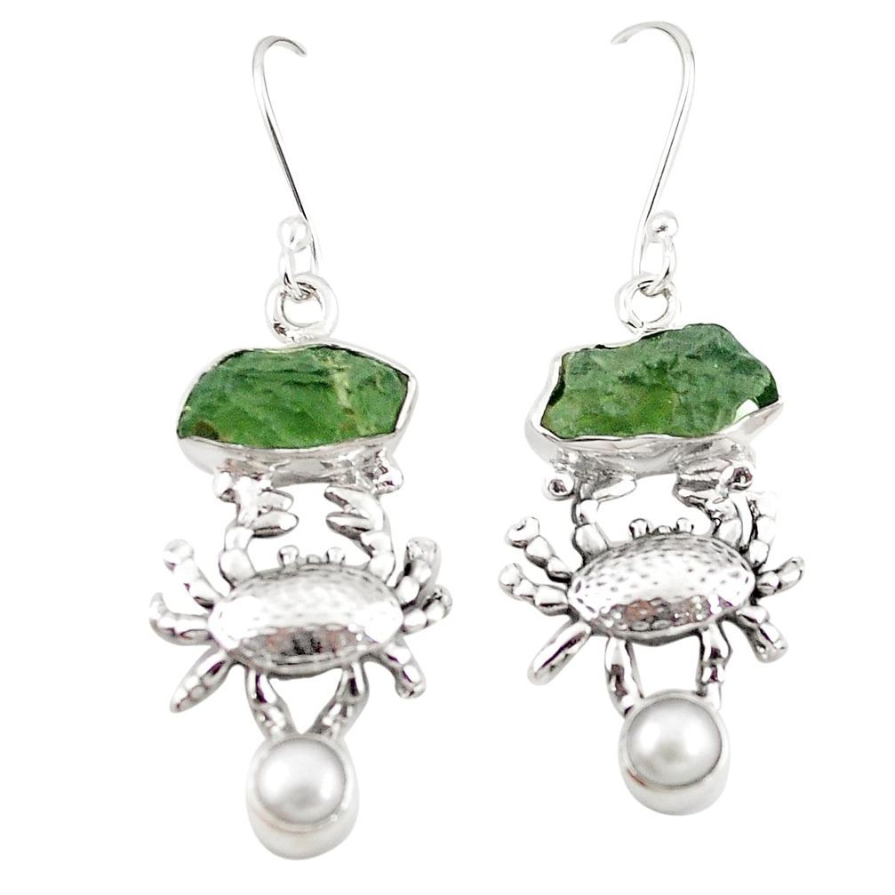 Natural green moldavite (genuine czech) 925 silver crab earrings m25021