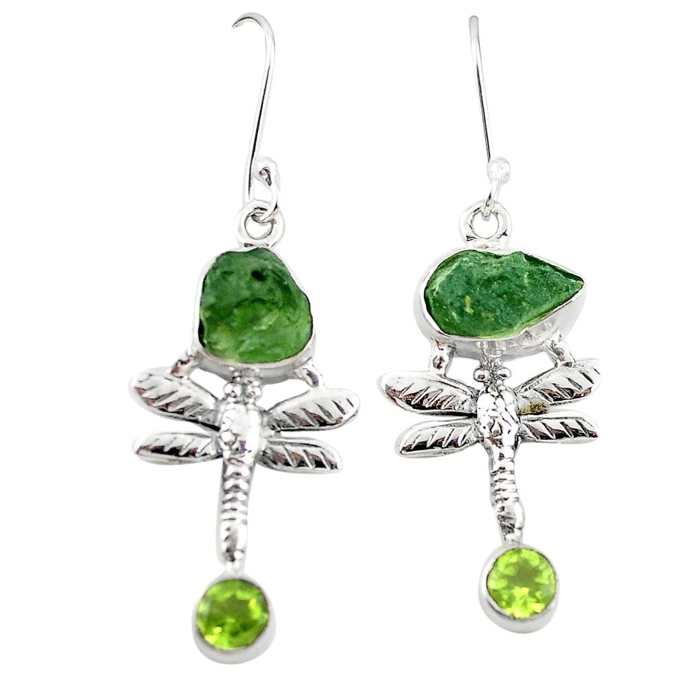 Natural green moldavite (genuine czech) 925 silver dragonfly earrings m25031