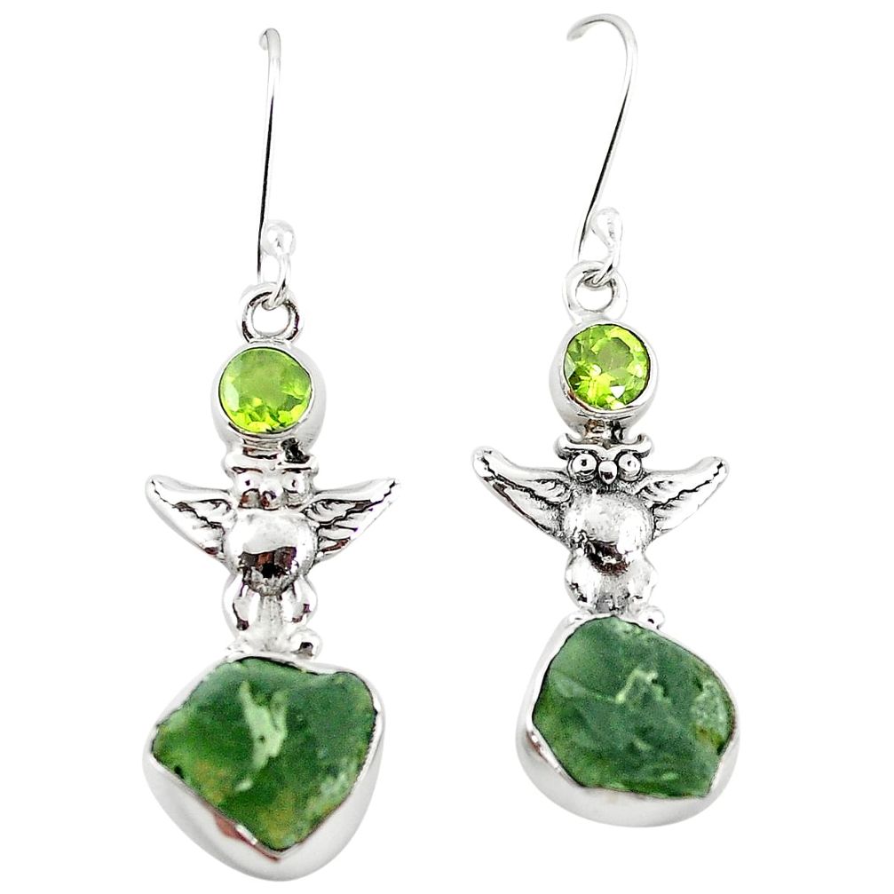 Natural green moldavite (genuine czech) 925 silver dangle owl earrings m25034