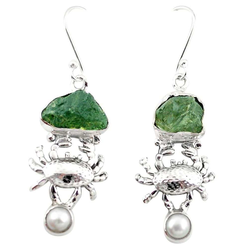 925 silver natural green moldavite (genuine czech) pearl crab earrings m25036