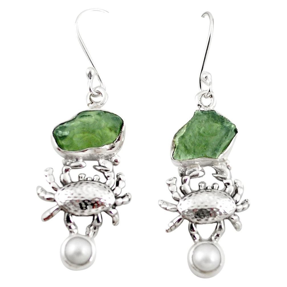 925 silver natural green moldavite (genuine czech) pearl crab earrings m25038