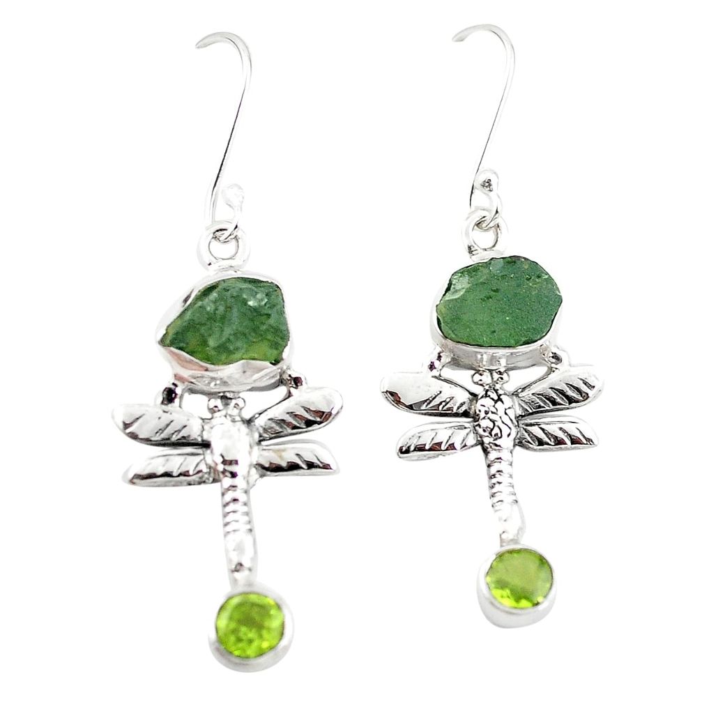 Natural green moldavite (genuine czech) 925 silver dragonfly earrings m25041