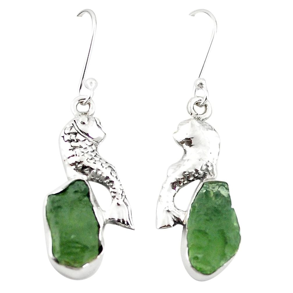 925 sterling silver natural green moldavite (genuine czech) fish earrings m25044