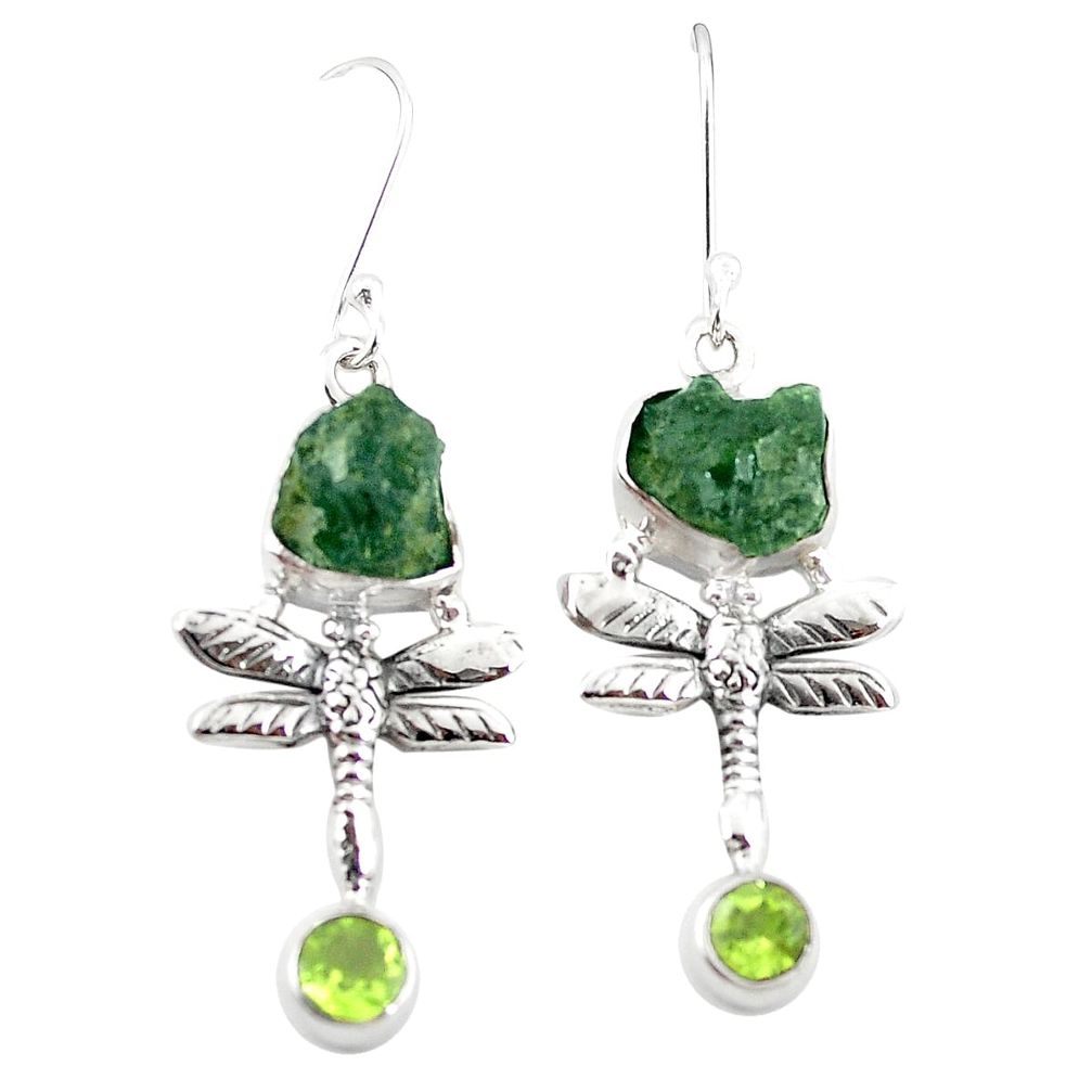 Natural green moldavite (genuine czech) 925 silver dragonfly earrings m25051