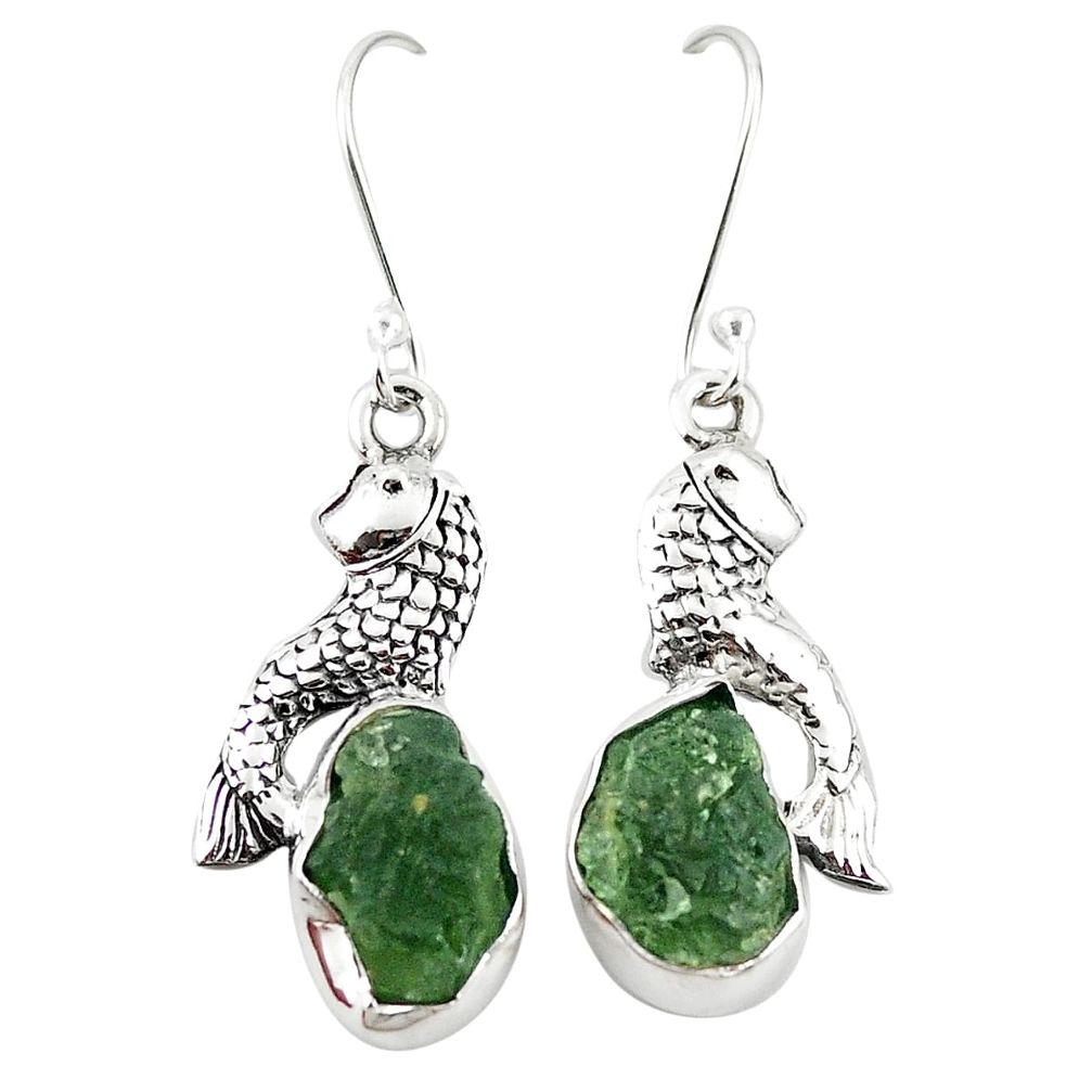 Natural green moldavite (genuine czech) 925 silver fish earrings jewelry m25056
