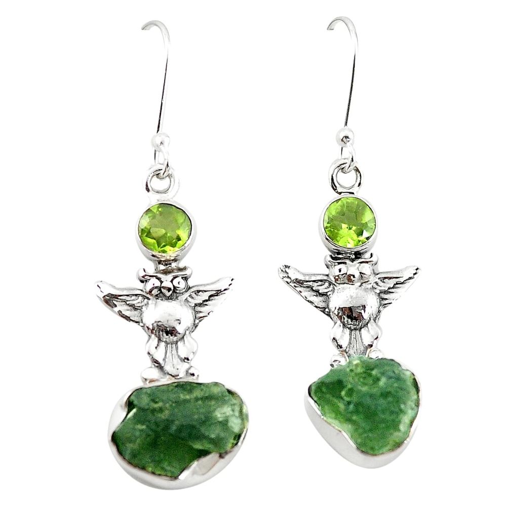 Natural green moldavite (genuine czech) 925 sterling silver owl earrings m25059