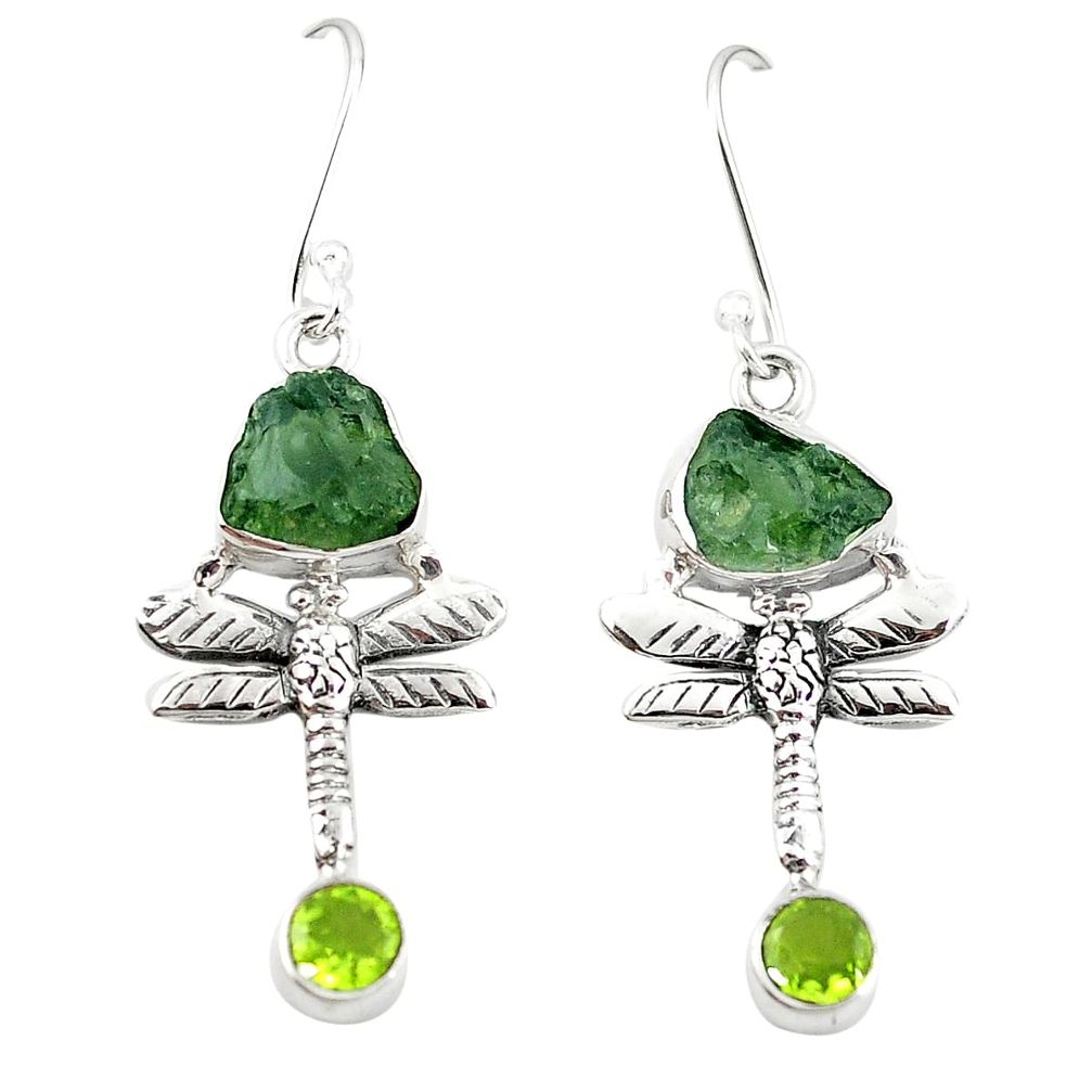 Natural green moldavite (genuine czech) 925 silver dragonfly earrings m25068