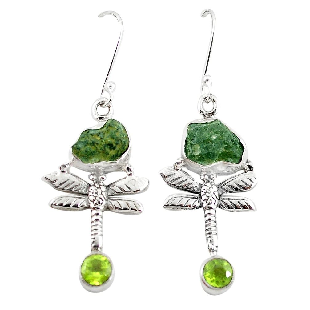 Natural green moldavite (genuine czech) 925 silver dragonfly earrings m25075