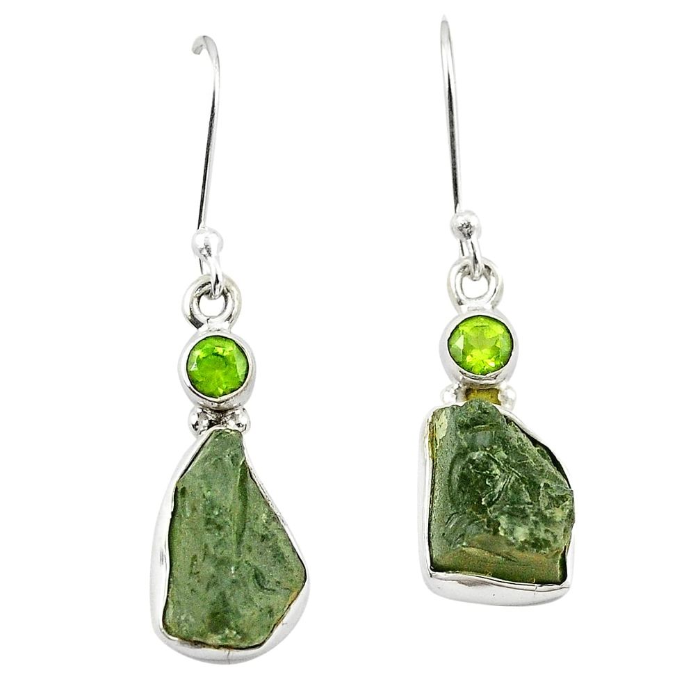 Natural green moldavite (genuine czech) 925 silver dangle earrings m26142